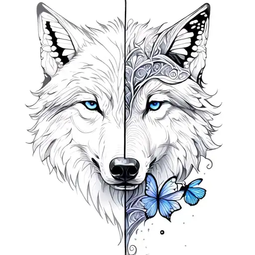 half wolf head half butterflies tattoo design idea