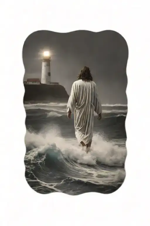 Hyper Realistic, Portrait of Jesus Christ walking on stormy waves from the back towards a Lighthouse in the distance,  tattoo design idea