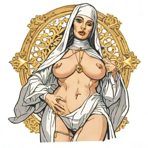 Sexy Nun, huge boobs,, wide hips, petite, revealing attire, seductive facial expressions, gold cross, Lingerie, sexual tattoo design idea