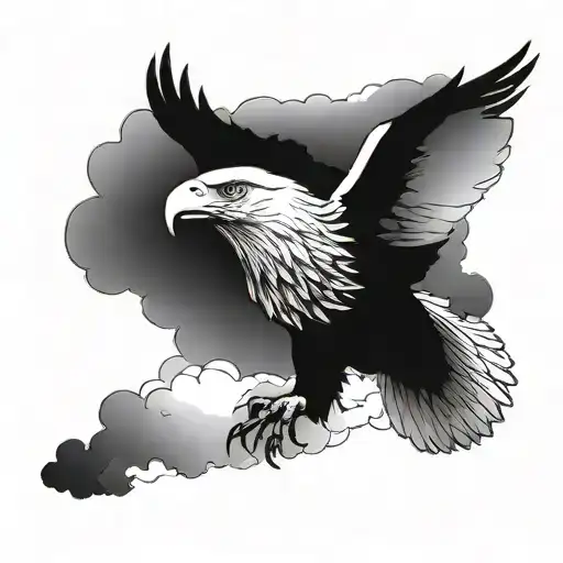 A majestic eagle soaring through a stormy sky tattoo design idea