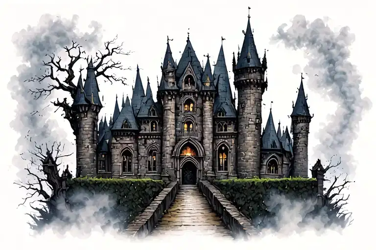 Haunted castle and acient runs, hedge rows, expansive, spooky, misty, cloudy ruins, asymmetrical tattoo design idea
