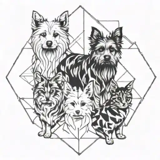shepherd dog, yorkie dog, 3 cats and a rabbit together tattoo design idea