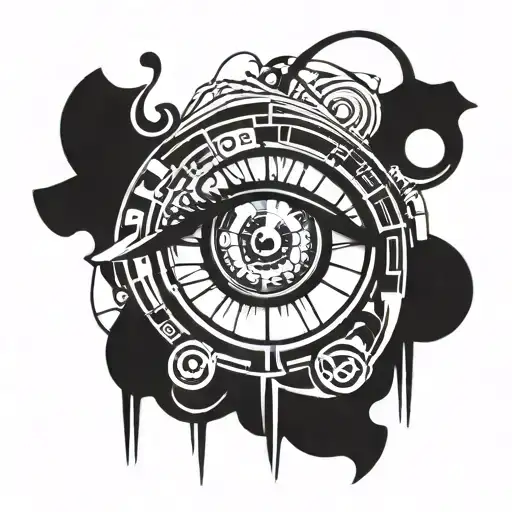 an eye that kind of looks like a anime artstyle eye. i want a clock within the eye. include cool details  tattoo design idea