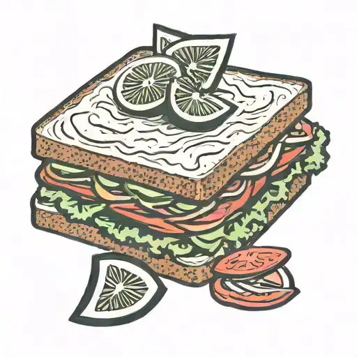 tattoo of tuna salad sandwich on thick sliced toasted bread with tomato, onion, cucumber.  tattoo design idea
