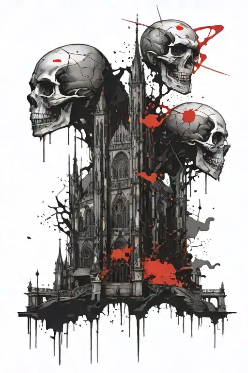 very big cathedral for back tatoo with skull in realism like dyinglight  tattoo design idea