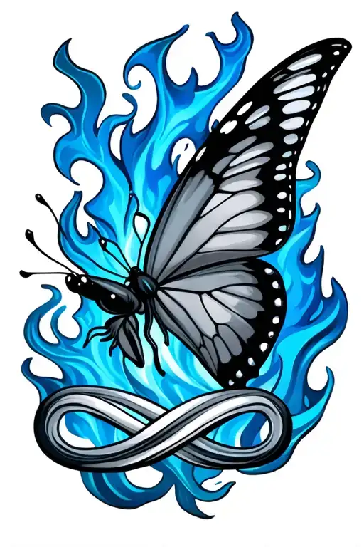 butterfly with blue flames and infinity symbol tattoo design idea
