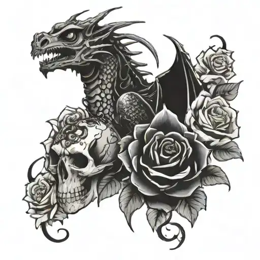 dragon holding a skull and roses with a spider tattoo design idea