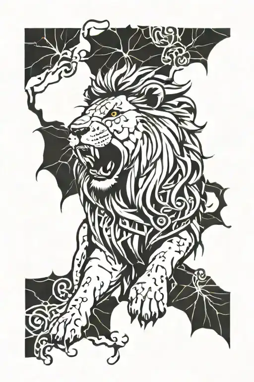lion roaring with thorns and Ethiopian cultural patterns tattoo design idea