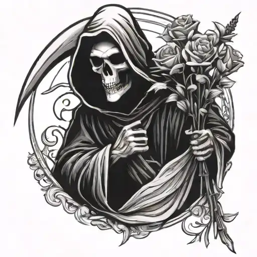 grim reaper holding a bouquet tattoo design idea