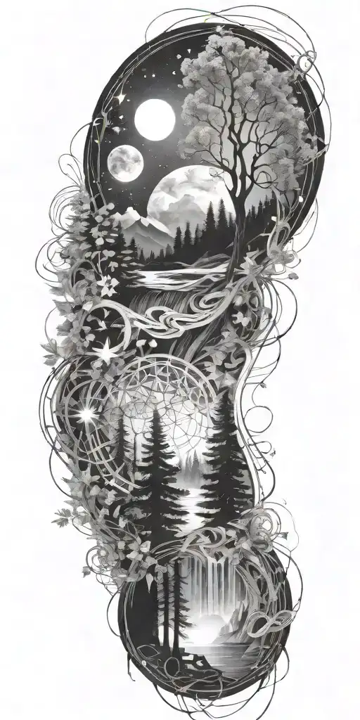 flowing waves, surrounded by a mystical forest scene, with subtle elements of sacred geometry and glowing stars in b&w tattoo design idea