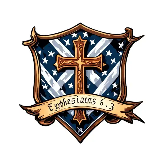 christian cross on shield with ephesians 6: 13 incorporated tattoo design idea