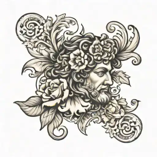 flower greek god , man , fashion runway tattoo design idea