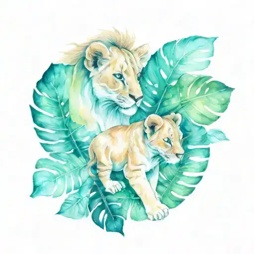 lion cubs profile monstera leaves tattoo design idea