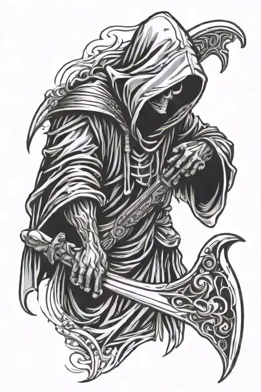 hooded reaper, scythe, hand out for hand shake tattoo design idea
