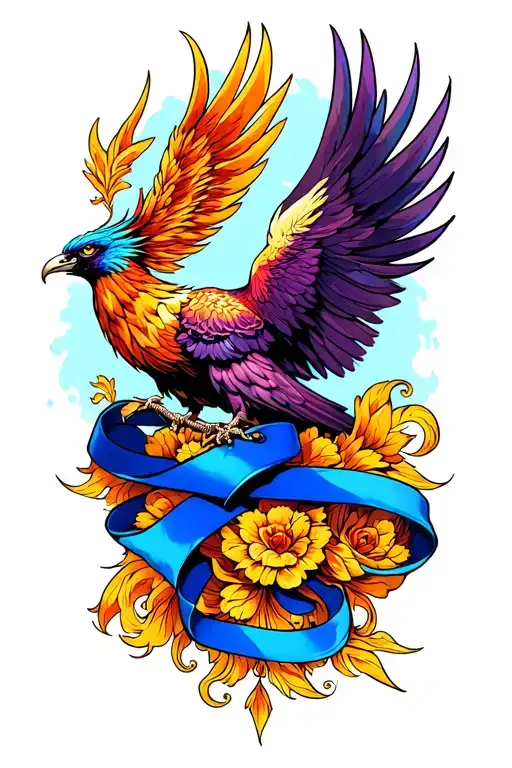 half sleeve with a blue and purple ribbon that turns into a phoenix  tattoo design idea
