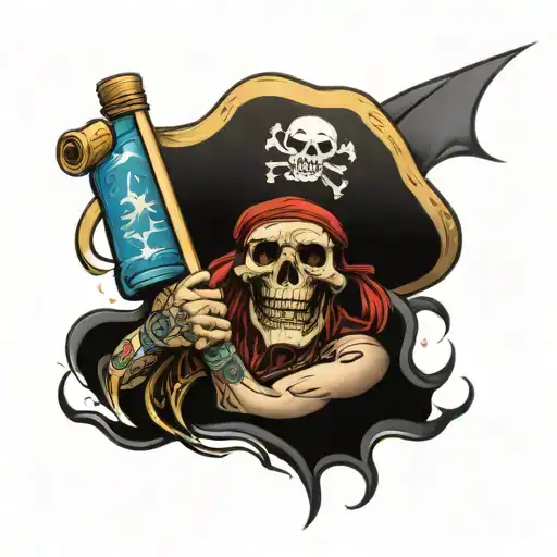 dead pirate carries flag and bottle of rum tattoo design idea