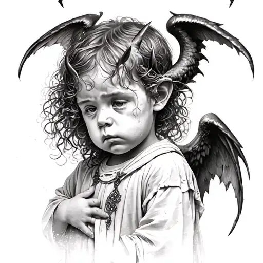 sad child with demon and agel wings  tattoo design idea