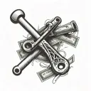 A tattoo design of a wrench and a baseball bat crossed over a pile of money, with musical notes floating around tattoo design idea