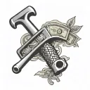 A tattoo design of a wrench and a baseball bat crossed over a pile of money, with musical notes floating around tattoo design idea