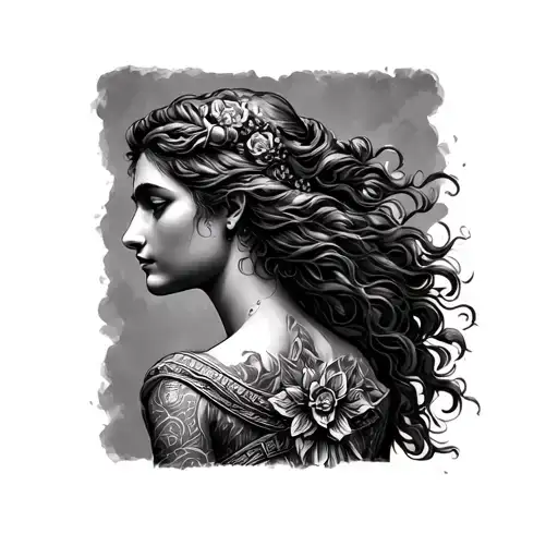 Create a full back tattoo for women in black and white of a Greek goddess that can be compared to Leo♌️ tattoo design idea