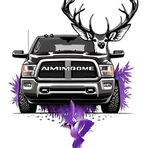 dodge ram truck, purple cervical cancer survivor, hummingbird, hunting deer tattoo design idea