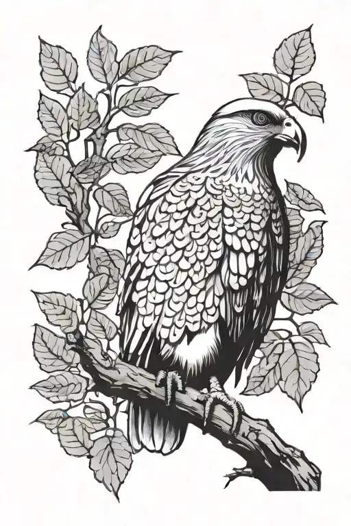 goshawk with leaves behind it from top left side tattoo design idea