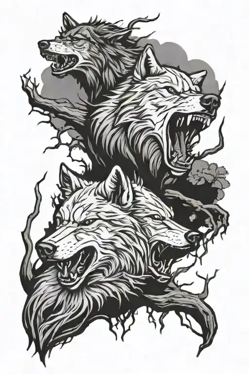 tree wolves faces howling angry  tattoo design idea