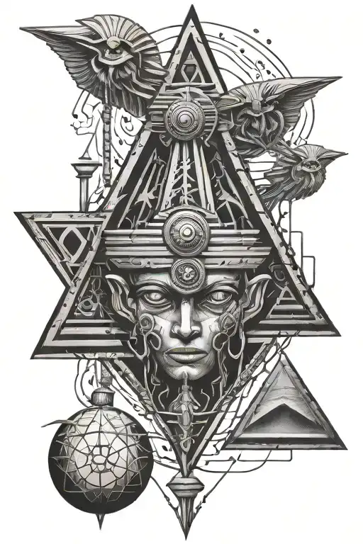 Anunnaki holding staff and on the staff there is an eye representing the future and past, with a pyramid in the back tattoo design idea
