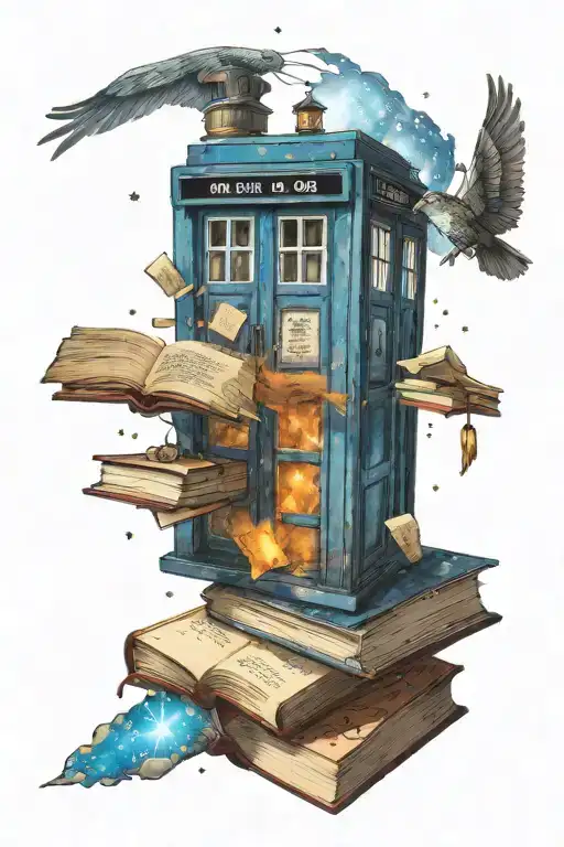 stack of books with one open at the top, small tardis flying out of the open book, background is galaxy tattoo design idea