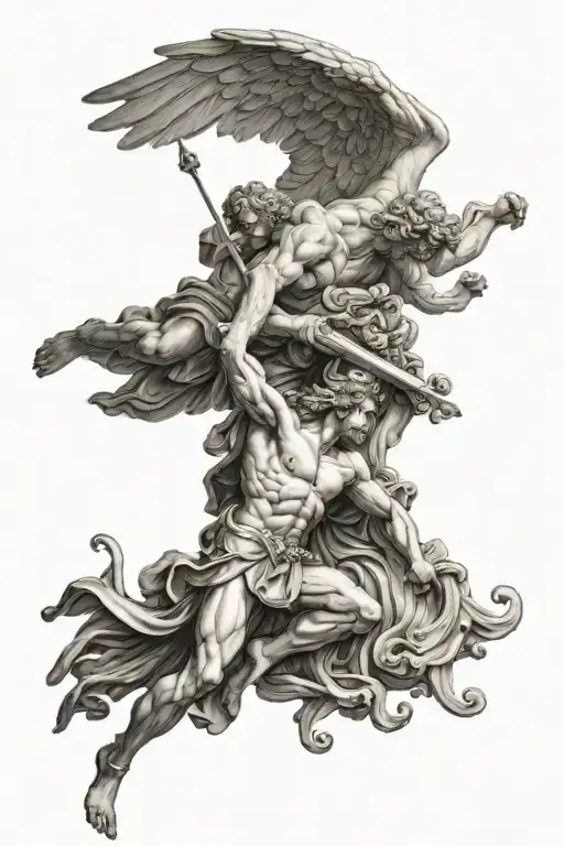 Greek statue of angels and demons fighting while flying tattoo design idea