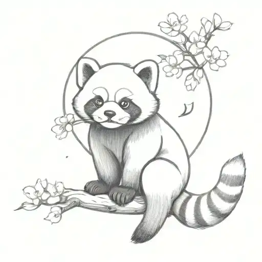 red panda, water, moon, cherry blossoms tattoo design idea