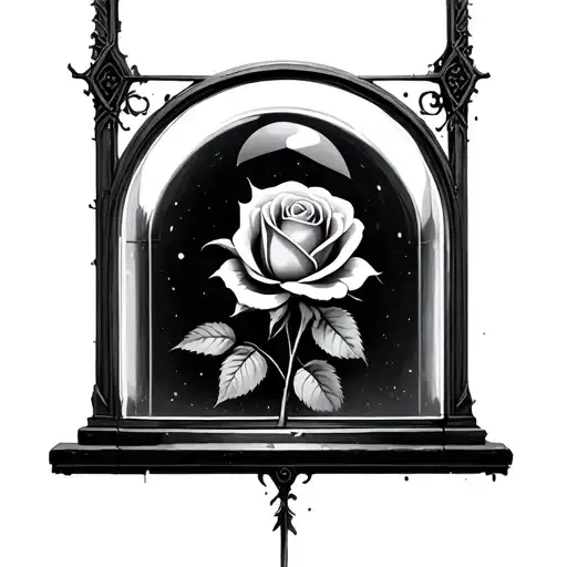  patchwork style of a ROSE IN A glass dome THROUGH A GOTHIC ARCHWAY window tattoo design idea