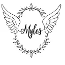 The names Myles with angel Halo over in wedding style cursive tattoo design idea