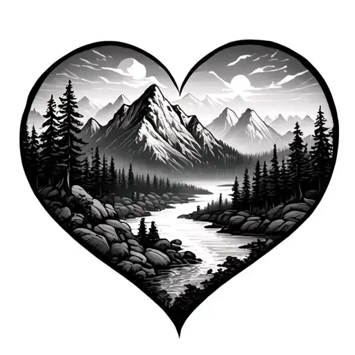 mountains, trees, and stream inside of a heart shape outline tattoo design idea