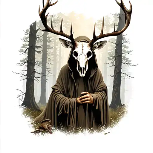 cloaked figure with deer skull head standing in a forest tattoo design idea