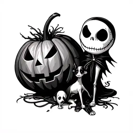 black and white Jack Skellington with his ghost dog zero and a pumpkin  tattoo design idea