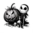 black and white Jack Skellington with his ghost dog zero and a pumpkin  tattoo design idea