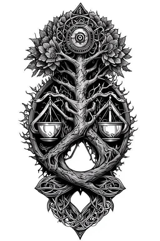 gothic celtic steampunk tree of life, libra scale, harley davidson engine tattoo design idea