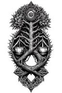 gothic celtic steampunk tree of life, libra scale, harley davidson engine tattoo design idea