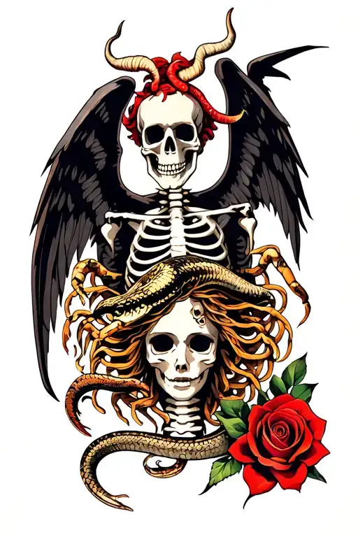 The design includes a combination of a devil, wings, a skeleton, a snake, a scorpion,rose and Medusa. tattoo design idea