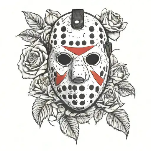 jason voorhees mask surrounded by roses tattoo design idea