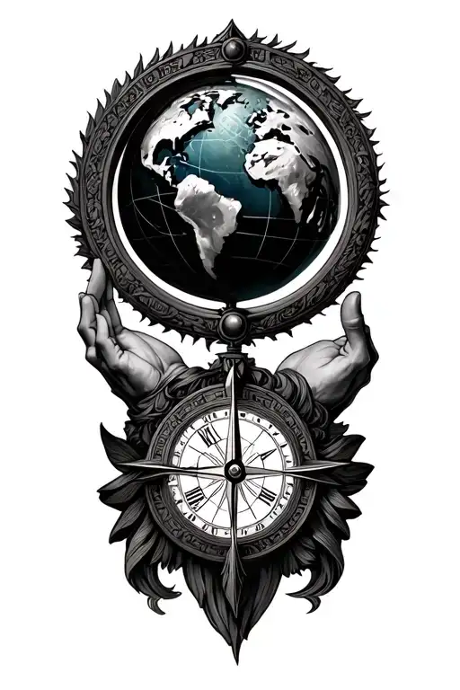 compass, greek god holding earth globe, clock inside tattoo design idea