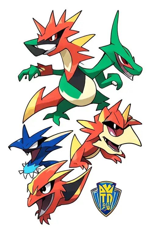 Pokemon sleeve of Blaziken, Flygon, Aggron, Milotic, Dusclops, and Manetric with the generation 3 badges tattoo design idea