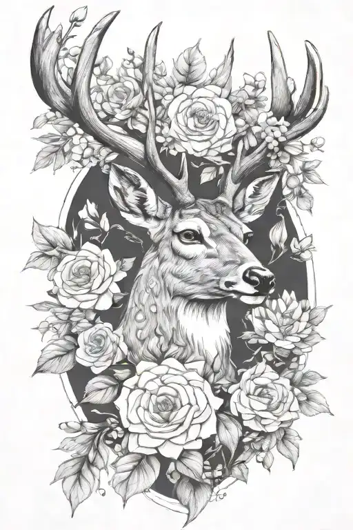 deer head flowers surrounding tattoo design idea