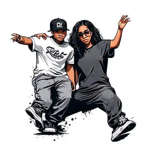 I want a tattoo that features two best friends. The theme is 90s hip hop, breakdancing and graffiti. tattoo design idea