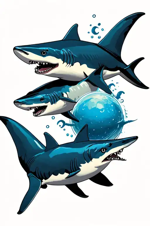 2 sharks together and one left out to the side with a blue ball tattoo design idea