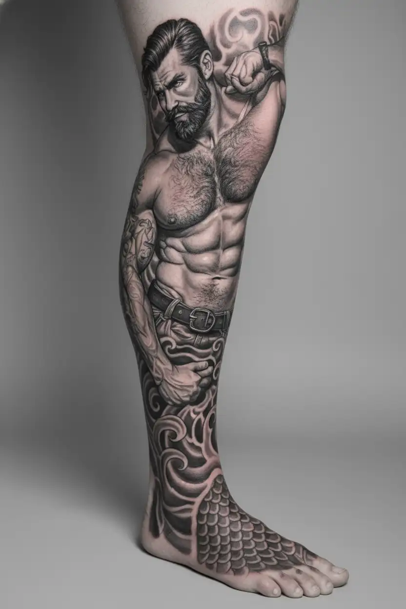 gay, hairy, muscle, male pinup, beard, big bulge, tom of finland style, nautical merman style tattoo design idea