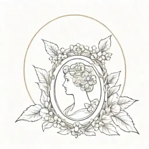 Ash and hawthorn flowers framed cameo portrait tattoo design idea