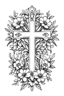 christian cross surrounded in flowers and vines tattoo design idea