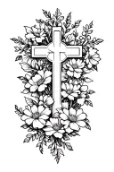 christian cross surrounded in flowers and vines tattoo design idea